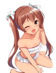  ;d bare_shoulders barefoot between_legs bikini blush brown_eyes brown_hair don_(29219) fang frilled_bikini frills hair_ribbon hand_between_legs kantai_collection libeccio_(kantai_collection) long_hair looking_at_viewer one_eye_closed open_mouth ribbon simple_background sitting smile solo strap_slip swimsuit twintails untied untied_bikini wariza white_background 