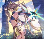  1girl armpits ass back bangs bare_shoulders blonde_hair blue_eyes blue_sky blush bradamante_(fate/grand_order) braid breasts butt_crack cloud commentary_request day elbow_gloves eyebrows_visible_through_hair fate/grand_order fate_(series) fingerless_gloves french_braid gloves hair_between_eyes hair_ornament highres kazto_furuya leaf leotard long_hair looking_at_viewer looking_back medium_breasts open_mouth outdoors polearm sky smile solo spear standing tree twintails very_long_hair weapon 