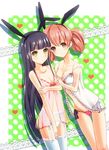  alternate_eye_color animal_ears bare_shoulders black_hair black_hairband breasts brown_eyes brown_hair bunny_ears cleavage collarbone fake_animal_ears garter_belt hairband heart inu_x_boku_ss long_hair looking_at_viewer medium_breasts multiple_girls navel off_shoulder panties red_panties roromiya_karuta see-through shirakiin_ririchiyo side-tie_panties small_breasts thighhighs two_side_up underwear white_legwear white_panties yellow_eyes 