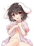  animal_ears black_hair blush bunny_ears dress dress_lift heart inaba_tewi jewelry natsu_no_koucha navel no_panties open_mouth pendant red_eyes short_hair solo touhou white_background 