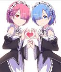  azusa_(sukumizuya) blue_eyes blue_hair hair_ornament hair_over_one_eye heart heart_hands maid maid_headdress multiple_girls pink_hair pink_ribbon purple_ribbon ram_(re:zero) re:zero_kara_hajimeru_isekai_seikatsu rem_(re:zero) ribbon short_hair siblings sisters twins x_hair_ornament 