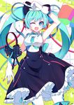  ;d absurdres aluppia aqua_eyes aqua_hair arm_up cowboy_shot dress gloves hatsune_miku highres index_finger_raised long_hair microphone one_eye_closed open_mouth pantyhose smile solo twintails very_long_hair vocaloid white_gloves 
