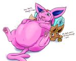  44shio ambiguous_gender anus belly belly_expansion belly_inflation big_belly canine dialogue duo eevee eeveelution espeon feral inflation mammal nintendo pok&eacute;mon video_games 