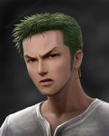  1boy dylancg earrings green_hair male_focus one_piece parted_lips realistic roronoa_zoro short_hair solo white_shirt 