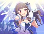  blurry blush breasts brown_hair clock depth_of_field dress gloves idolmaster idolmaster_cinderella_girls idolmaster_cinderella_girls_starlight_stage kamiya_nao long_hair looking_at_viewer medium_breasts open_mouth red_eyes smile solo starry_sky_bright tiara veryberry00 