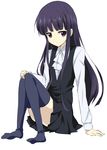  arm_support black_eyes black_hair black_legwear eyebrows eyebrows_visible_through_hair hand_on_own_knee hime_cut inu_x_boku_ss long_hair looking_at_viewer maruki_(punchiki) shirakiin_ririchiyo simple_background sitting solo thighhighs white_background zettai_ryouiki 