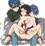  3boys ass barefoot blush chains collar couch glasses male_focus multiple_boys nude restrained sitting sitting_on_person tobaku_haouden_zero ukai_zero yaoi 