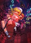  bat blonde_hair crystal dutch_angle fang flandre_scarlet full_body glowing hat hat_ribbon kazeto laevatein mary_janes mob_cap nail_polish open_mouth pointy_ears red_eyes ribbon shoes side_ponytail smile socks solo touhou white_legwear wings 