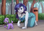  2016 absurd_res audrarius barefoot blue_eyes blush canine clothed clothing collar dog duo equestria_girls eyeshadow female feral fur green_eyes hair hi_res human leash long_hair makeup mammal multicolored_fur my_little_pony open_mouth petplay rarity_(eg) roleplay spike_(eg) spiked_collar spikes tree two_tone_fur white_skin 