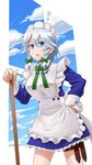  apron blue_eyes blue_sky braid cloud day dress greenkohgen highres izayoi_sakuya long_sleeves looking_at_viewer maid_headdress open_mouth short_hair silver_hair sky solo touhou twin_braids 