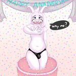  anthro asriel_dreemurr blue_eyes blush boss_monster bulge cake caprine clothing curved_horn dialogue english_text food fur goat horn long_ears looking_at_viewer male mammal pancak3 panties simple_background solo text undertale underwear video_games white_fur 
