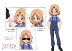  absurdres blonde_hair cow doujinshi eating girls_und_panzer highres kay_(girls_und_panzer) kazumi_yu men_in_black multiple_views overalls parody short_hair sunglasses translated younger 