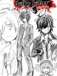  !? 1boy 1girl ahoge asano_misaki_(danganronpa) copyright_name danganronpa danganronpa_gaiden:_killer_killer expressionless expressions formal greyscale hair_over_one_eye hands_in_pockets hat hijirihara_takumi loose_necktie messy_hair monochrome multiple_views necktie popped_collar riyuta sanpaku short_hair suit surprised 