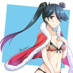  bikini black_hair blue_eyes breasts cape crown fur_trim hair_over_one_eye highres houshou_(kantai_collection) kantai_collection long_hair medium_breasts mini_crown orange_bikini ponytail solo swimsuit the-sinner 