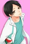  black_hair haikyuu!! jacket kunimi_akira looking_at_viewer male_focus open_clothes open_jacket pink_background rio_(rio_01) solo volleyball 