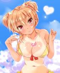  bangs bare_arms bare_shoulders bikini bikini_tan blue_sky blush breasts brown_hair bust_cup cafe-chan_to_break_time closed_mouth cloud collarbone day eyebrows eyebrows_visible_through_hair fingernails flashing hair_ornament heart heart-shaped_pupils heart_hair_ornament holding large_breasts looking_at_viewer navel porurin red_eyes sharp_fingernails short_hair short_twintails sidelocks skindentation sky smile solo stomach strap_gap swimsuit symbol-shaped_pupils tan tanline tea_(cafe-chan_to_break_time) twintails upper_body yellow_bikini 