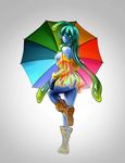  amano-g ass bare_shoulders blue_skin boots breasts full_body goo_girl green_eyes green_hair highres long_hair medium_breasts monster_girl monster_musume_no_iru_nichijou multicolored multicolored_umbrella no_nipples off_shoulder rainbow_order raincoat rubber_boots sideboob smile solo standing standing_on_one_leg suu_(monster_musume) tentacle_hair umbrella 