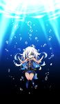  blonde_hair blush body_blush bubble eyebrows full_body furry green_eyes hair_over_one_eye highres knees_together_feet_apart long_hair original parted_lips solo sunlight tail thick_eyebrows thigh_strap underwater very_long_hair yuuki_(yuyuki000) 