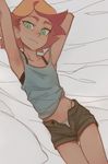  :t amanda_o'neill armpits flat_chest green_eyes little_witch_academia lying on_back on_bed open_clothes open_shorts orange_hair season_(artist) short_hair shorts solo tank_top 