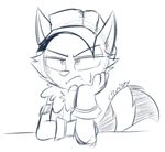  2016 3_fingers anthro big_eyes big_head big_tail black_and_white cheek_tuft clothing cute digital_drawing_(artwork) digital_media_(artwork) fluffy fluffy_tail front_view frown fur gloves half-closed_eyes hat jacket league_of_legends line_art long_tail mammal monochrome riot_games signature simple_background sitting sketch slit_pupils sweat teemo toony tuft unamused veigar-chan video_games white_background yordle 