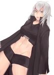  bangs blue_eyes breasts celece_hayasaka_(azuriu) commission crop_top fangs hair_between_eyes highres large_breasts long_coat long_hair looking_at_viewer midriff open_mouth original short_shorts shorts simple_background sketch solo sunna_(nilsunna) white_background white_hair 