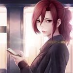  aozaki_touko asymmetrical_bangs bad_id bad_pixiv_id bangs black_shirt cellphone eyebrows hair_between_eyes kara_no_kyoukai lips long_hair looking_at_viewer miura-n315 nose phone red_eyes red_hair shirt solo upper_body 