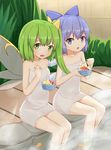  blue_eyes blue_hair blush cirno daiyousei fairy_wings food green_eyes green_hair hair_ribbon highres ice ice_cream ice_wings looking_at_viewer lulumiya_(abbb1233) multiple_girls naked_towel open_mouth partially_submerged ribbon short_hair side_ponytail sitting spoon touhou towel water wings 
