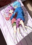  1girl :o ass bed blue_eyes blue_hair blush braid brother_and_sister dorothy_west from_above hayashi_keita heart heart_print highres hood hoodie kneehighs leg_between_thighs leggings leona_west looking_at_viewer looking_back lying no_shoes on_back on_bed open_clothes open_shorts otoko_no_ko pantylines pretty_(series) pripara purple_hair short_hair shorts siblings smile striped striped_legwear twins white_legwear 