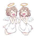  :d =_= angel angel_wings barefoot blush_stickers brown_hair collarbone dress fang folded_ponytail full_body hair_ornament hairclip halo hands_clasped heart heart_in_mouth ikazuchi_(kantai_collection) inazuma_(kantai_collection) kantai_collection multiple_girls open_mouth own_hands_together simple_background sleeveless sleeveless_dress smile tonmoh white_background white_dress white_wings wings 