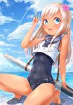  :d absurdres blonde_hair blue_eyes covered_navel crop_top flower hair_flower hair_ornament highres kantai_collection kashiwamochi_roko lifebuoy long_hair old_school_swimsuit one-piece_swimsuit one-piece_tan open_mouth ro-500_(kantai_collection) sailor_collar school_swimsuit slippers smile solo squatting swimsuit swimsuit_under_clothes tan tanline torpedo twitter_username v 