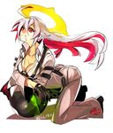  all_fours bellbottoms black_gloves breasts candy cleavage crossed_arms food gloves guilty_gear guilty_gear_xrd halo hyakuhachi_(over3) jack-o'_valentine jewelry lollipop long_hair medium_breasts multicolored_hair necklace pantylines red_eyes red_hair silver_hair solo two-tone_hair 