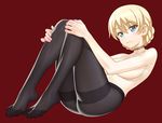  ass blonde_hair blue_eyes blush braid breasts choker darjeeling feet full_body girls_und_panzer hands_on_own_knees large_breasts light_smile looking_at_viewer minazuki_juuzou no_panties nude pantyhose plantar_flexion red_background short_hair simple_background sitting solo text_focus thighband_pantyhose tied_hair toes topless twin_braids 