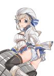  ass belt beret black_legwear blue_eyes blue_panties blue_skirt blush boots breasts cucouroux_(granblue_fantasy) flat_ass from_behind granblue_fantasy grey_hair hair_ribbon hat highres jacket lavender_panties long_hair long_sleeves looking_back medium_breasts miniskirt nose_blush open_mouth panties polka_dot polka_dot_panties ribbon rumiya9i simple_background skirt skirt_pull solo striped striped_ribbon sweat thighhighs twintails underwear wavy_mouth white_background white_footwear white_hat white_jacket 