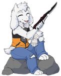  anthro asriel_dreemurr caprine clothed clothing goat lovelesskiax machete male mammal melee_weapon sitting smile solo undertale video_games weapon 