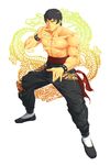  abs biceps black_eyes black_hair bracelet dragon dragon_print eastern_dragon fighting_stance fingernails flats highres houjohh jewelry kung_fu light_frown looking_at_viewer male_focus manly marshall_law muscle pants sash shirtless simple_background solo spiked_bracelet spikes squinting tekken tsurime white_background 