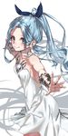  absurdres alternate_hairstyle bare_shoulders blue_eyes blue_hair blue_ribbon blush bracer breasts choker closed_mouth collarbone dress eyebrows eyebrows_visible_through_hair eyes_visible_through_hair gem granblue_fantasy hair_ribbon hair_up highres long_hair looking_at_viewer lyria_(granblue_fantasy) outstretched_arms ribbon rolua short_dress simple_background small_breasts smile solo very_long_hair white_background white_dress 