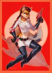  5_fingers anthro boots breasts canine clothed clothing female fluffy fluffy_tail footwear fox fur gloves green_eyes gun hair holding_object holding_weapon looking_at_viewer mammal midriff navel ranged_weapon smile solo vagabondbastard weapon wide_hips 