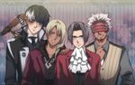  2016 4boys animal_on_shoulder bags_under_eyes bandanna bird black_hair black_necktie blonde_hair cravat garyuu_kyouya glasses godot grey_hair gyakuten_saiban hawk kuromai male_focus mitsurugi_reiji multiple_boys necklace necktie red_jacket sleeve_garter smile striped_background two-tone_hair visor waistcoat white_hair yuugami_jin 