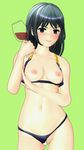  1girl 3d alcohol background bare_shoulders black_hair blue_eyes blush bra bra_lift breasts drunk eyes green lips looking_at_viewer mikumikudance naughty_face navel nipples original panties pussy simple_background smile solo thighs underwear wine 