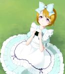  1girl alice_(wonderland) alice_(wonderland)_(cosplay) artist_request birthday bow bowtie brown_hair cosplay dress food hair_ribbon happy_birthday highres holding koizumi_hanayo looking_at_viewer love_live! love_live!_school_idol_festival love_live!_school_idol_project purple_eyes ribbon short_hair smile solo 