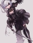  black_blindfold black_dress blindfold bow cleavage_cutout dress feather-trimmed_sleeves feather_trim gloves hair_bow kanekiru katana lips mole mole_under_mouth nier_(series) nier_automata outstretched_arm short_hair silver_hair solo sword sword_behind_back thighhighs vambraces weapon yorha_no._2_type_b 