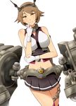  bangs bare_shoulders breasts brown_hair chain collar finger_to_mouth gloves green_eyes gudon_(iukhzl) headgear kantai_collection large_breasts looking_at_viewer machinery miniskirt mutsu_(kantai_collection) navel open_mouth pleated_skirt red_legwear sakuramon short_hair simple_background skirt smile solo turret white_gloves 