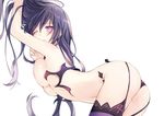  1girl against_wall ass black_panties blush breasts closed_mouth date_a_live in_profile long_hair looking_at_viewer looking_to_the_side navel official_art one_arm_up panties purple_eyes purple_hair purple_legwear simple_background solo stomach thighhighs top-down_bottom-up topless tsunako underboob underwear white_background yatogami_tooka 