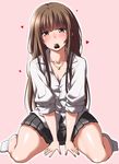 amagami arm_support blush bra_slip breasts brown_eyes brown_hair chocolate chocolate_heart collarbone heart jewelry kamizaki_risa long_hair looking_at_viewer mouth_hold pendant pleated_skirt shirt shouji_nigou sitting skirt sleeves_rolled_up small_breasts smile solo wariza 