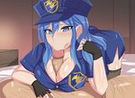  1boy 1girl ass bed blue_eyes blue_hair blush breasts censored fairy_tail fellatio female gloves hat hetero human juvia_lockser large_breasts long_hair looking_at_viewer male oral paizuri paizuri_under_clothes penis police police_uniform policewoman sweat uniform 