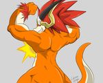  anthro dragon flexing future_card_buddyfight heibanhikaru looking_at_viewer looking_back male muscular nude rear_view scalie signature solo standing sun_dragon_bal 