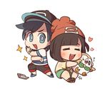  1girl baseball_cap beanie bird black_hair blue_eyes blush brown_hair capri_pants chibi closed_eyes gen_7_pokemon handheld_game_console hat heart hug mizuki_(pokemon) new_nintendo_3ds nintendo_3ds pants pokemon pokemon_(creature) pokemon_(game) pokemon_sm pose rowlet shirt shoes short_hair shorts simple_background sitting smile sneakers sparkle ssalbulre striped striped_shirt t-shirt tied_shirt white_background you_(pokemon) z-move z-ring 