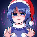  anaglyph black_dress blue_eyes blue_hair blush capelet chromatic_aberration chromatic_aberration_abuse doremy_sweet dress hands_up hat head_tilt heart heart-shaped_pupils heavy_breathing hex_aaaane looking_at_viewer nightcap pom_pom_(clothes) pov shaded_face solo sweat symbol-shaped_pupils touhou upper_body 