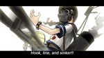  badge bracelet braid brown_hair cannon chain cosplay ergot gas_mask image_sample jewelry kantai_collection letterboxed license_plate mask motion_blur overwatch pixiv_sample red_ribbon ribbon roadhog_(overwatch) roadhog_(overwatch)_(cosplay) school_uniform serafuku simple_background single_braid smoke solo subtitled uranami_(kantai_collection) white_background 