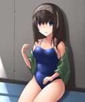  black_hair blue_eyes competition_school_swimsuit hairband idolmaster idolmaster_cinderella_girls long_hair one-piece_swimsuit pataniito sagisawa_fumika school_swimsuit shawl sitting solo swimsuit 